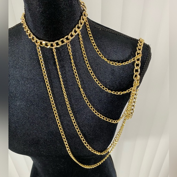 Gold Chain Harness One Arm Chain Necklace Vest Neck Harness Statement Jewelry - Picture 5 of 13